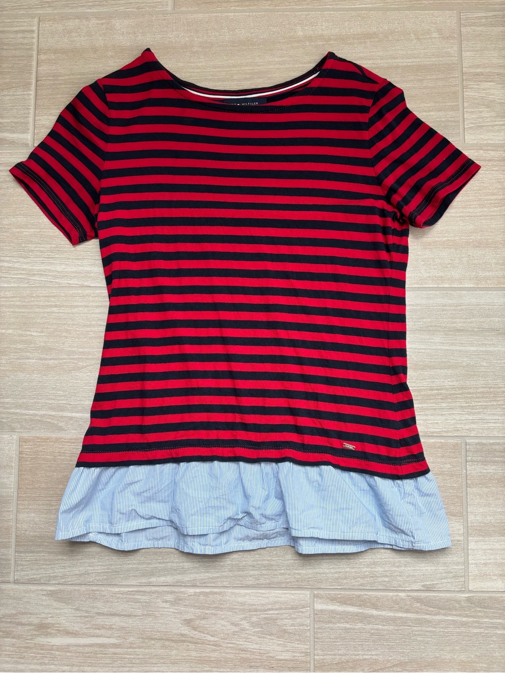 Tommy Hilfiger XSP Red and Black Striped Crewneck Tee with White and Blue Hem